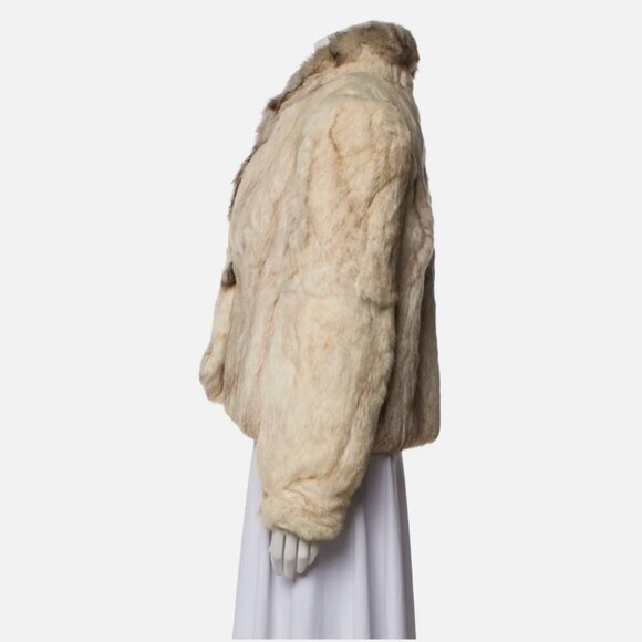 Vintage Genuine Rabbit and Fox Tail Cropped Fur Coat Jacket L Cream Glam Mobwife - Picture 2 of 10